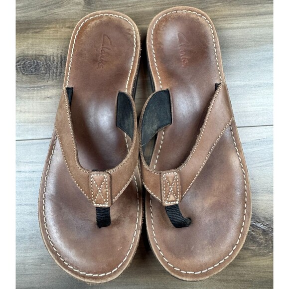 Clarks Sandals Womens 11M Roxanna Flip Flop Thong Brown Leather Toe Post Comfort - Picture 1 of 5